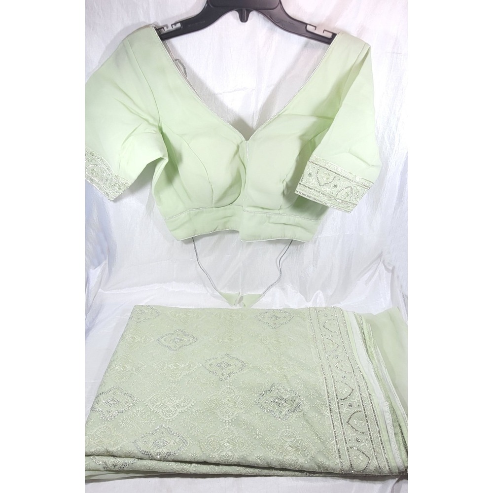 Mint Green Embroidered Rhinestone Bollywood Saree w/ Choli Blouse - 40" Chest